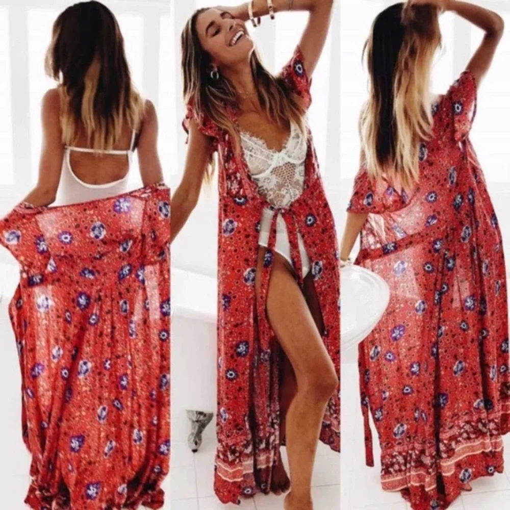 Bohemian Red floral Print maxi kimono dress cover up - Picture 3 of 6